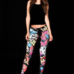 Skull Graffiti Style Halloween leggings for women, featuring vibrant graffiti-inspired skull designs, perfect for Halloween costumes or street-style fashion.