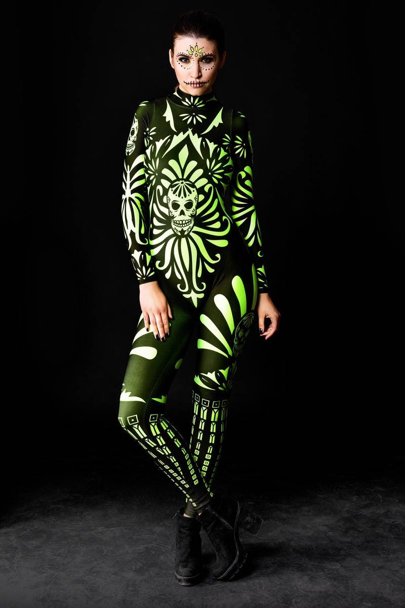 Model posing in the Fluo Mexican Skull Halloween costume, highlighting the bright fluorescent skull design, great for Halloween parties or as a standout festival outfit.