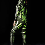 Person wearing the Fluo Mexican Skull costume, a full-body Day of the Dead-inspired catsuit with neon skull accents, perfect for Halloween or cosplay.