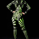 Close-up of the fluorescent Mexican skull design on the Halloween catsuit, ideal for a vibrant and unique Halloween or festival look.