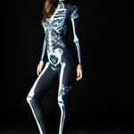 Woman posing in the Dark Skeleton Halloween costume, showcasing the blue skeleton design and gothic skull moth details, great for Halloween or as a unique festival outfit.