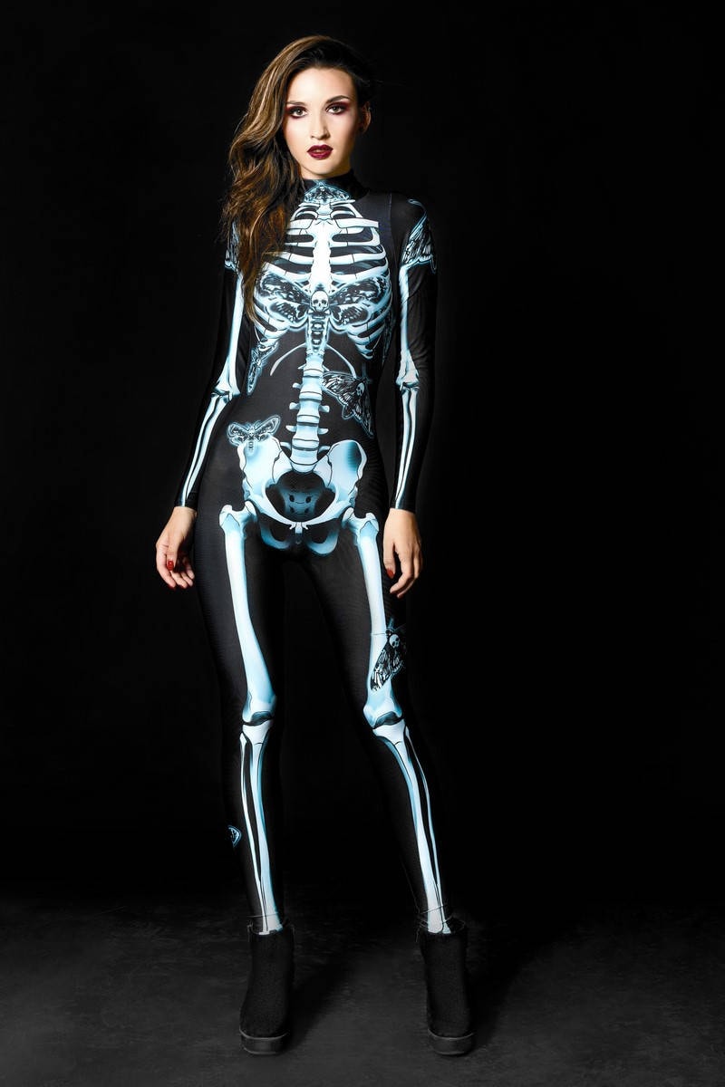 Dark Skeleton Halloween costume for women, featuring a gothic blue skeleton catsuit with skull moth details, perfect for Halloween or gothic-themed events.