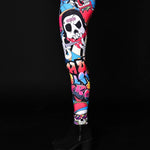 Close-up of the graffiti-style skull design on the Halloween leggings, ideal for a bold Halloween look or as unique printed leggings.