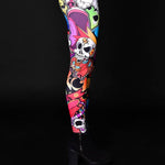 Close-up of the graffiti-style skull design on the Halloween leggings, ideal for a bold Halloween look or as unique printed leggings.