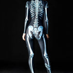 Close-up of the blue skeleton and skull moth design on the gothic full-body catsuit, ideal for a bold Halloween or festival look.