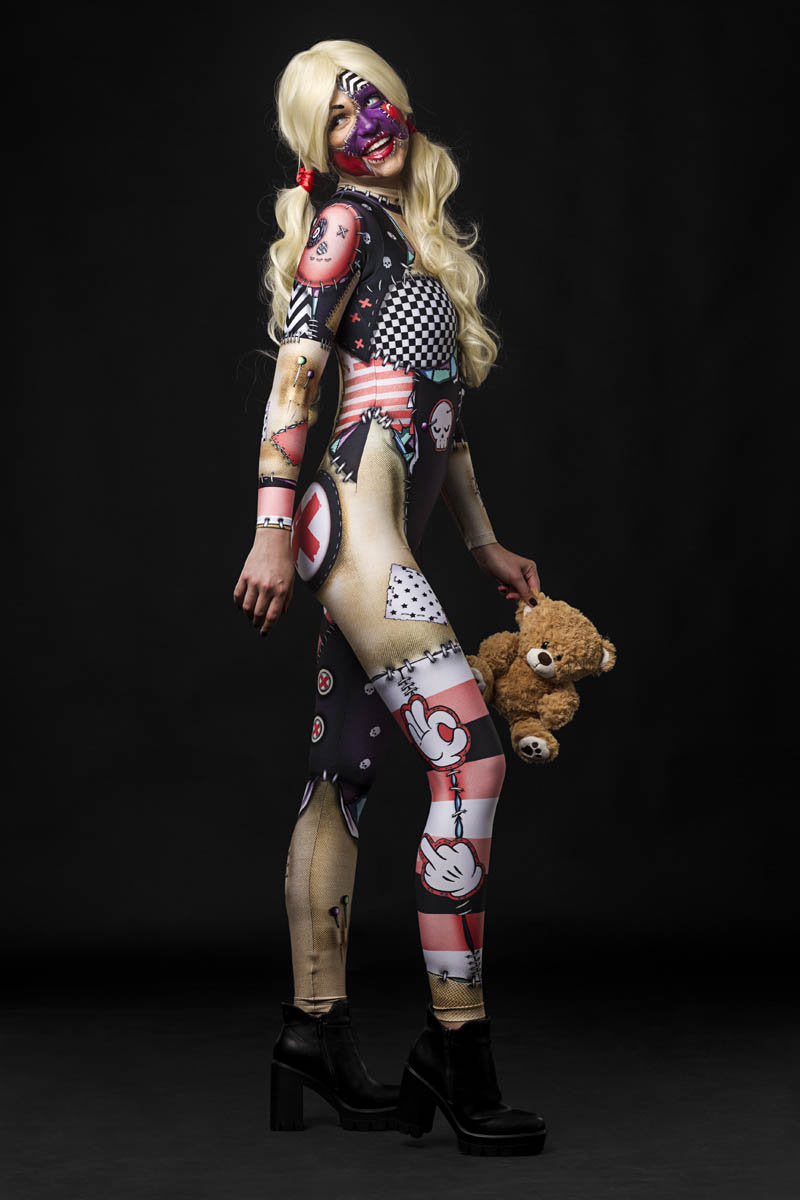 Woman posing in the Halloween Rag Doll costume, showcasing the detailed rag doll stitching and spooky design, perfect for Halloween parties or costume festivals.