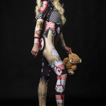 Woman posing in the Halloween Rag Doll costume, showcasing the detailed rag doll stitching and spooky design, perfect for Halloween parties or costume festivals.