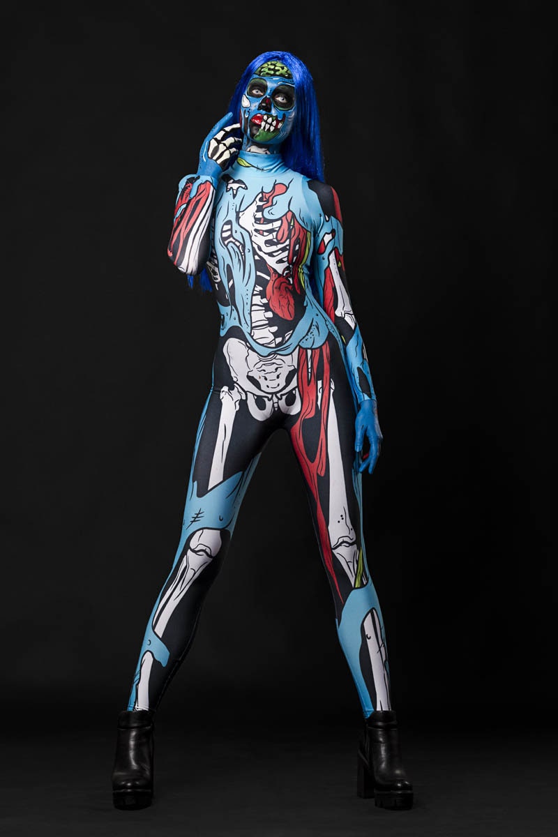 Zombie Skeleton Halloween costume for adults, featuring a blue comic-style skeleton and zombie design, perfect for Halloween parties or cosplay events.