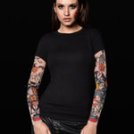 Pumpkin Halloween T-shirt for women with pumpkin tattoo sleeves, perfect for Halloween parties or as a fun, spooky top.