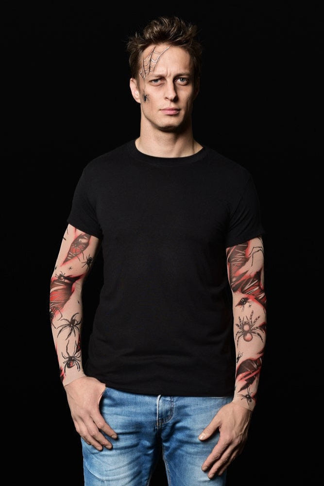 Spiders Halloween T-shirt for men featuring spiderweb and bloody tattoo sleeves, perfect for Halloween parties or as a spooky casual top.