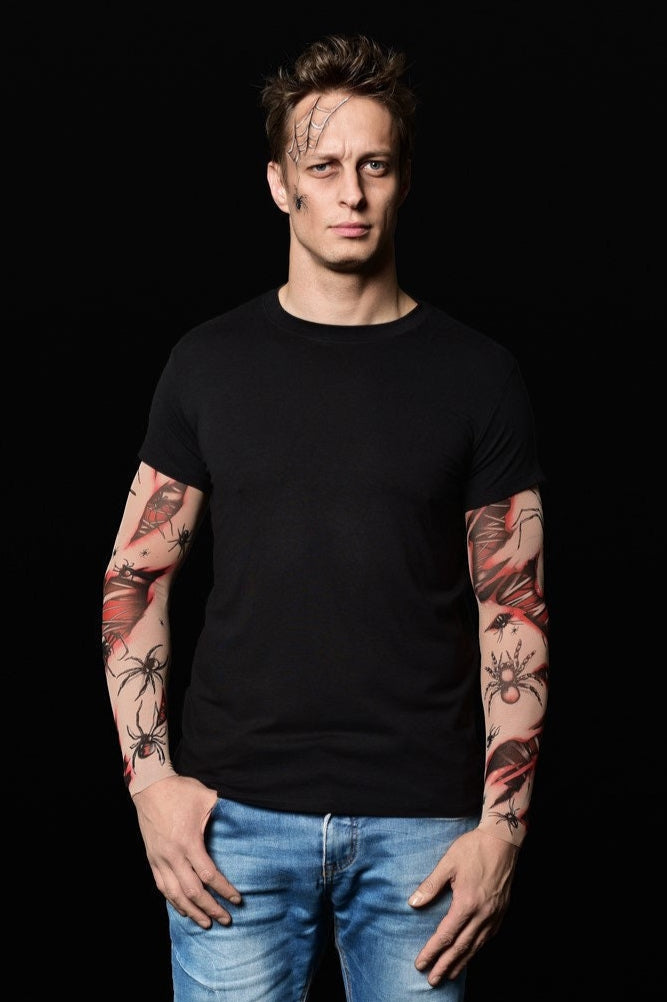 Spiders Halloween T-shirt for men featuring spiderweb and bloody tattoo sleeves, perfect for Halloween parties or as a spooky casual top.