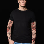 Spiders Halloween T-shirt for men featuring spiderweb and bloody tattoo sleeves, perfect for Halloween parties or as a spooky casual top.