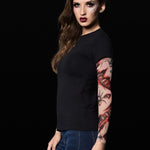 Close-up of the spiderweb tattoo sleeves on the women’s Halloween T-shirt, adding a bold Halloween touch to the design.