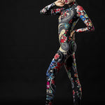 Woman wearing the Yakuza Style Geisha costume, a full-body tattoo-inspired catsuit with Japanese-themed designs, perfect for Halloween parties or themed festivals.