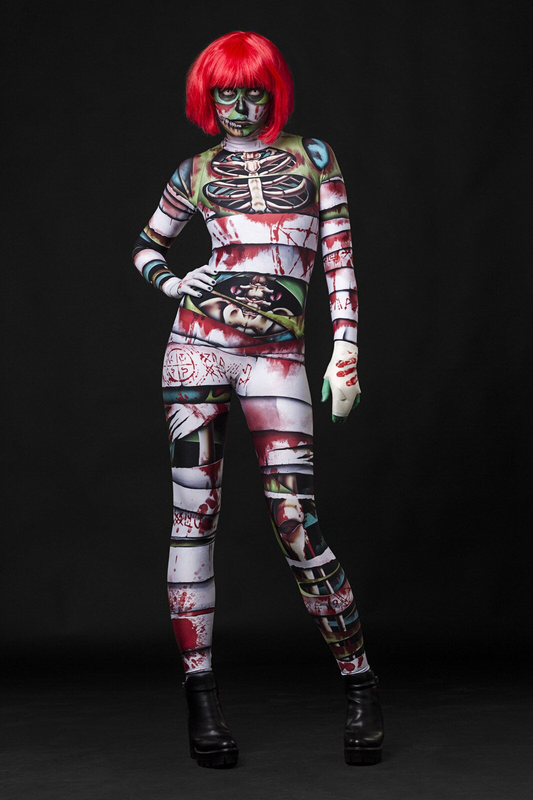 Occult Mummy Halloween costume for women, featuring a full-body mummy skeleton catsuit with spooky details, perfect for Halloween or horror-themed events.