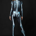 Close-up of the skeleton and moth design on the Lady Moth catsuit, ideal for a bold Halloween look or gothic fashion festival wear.