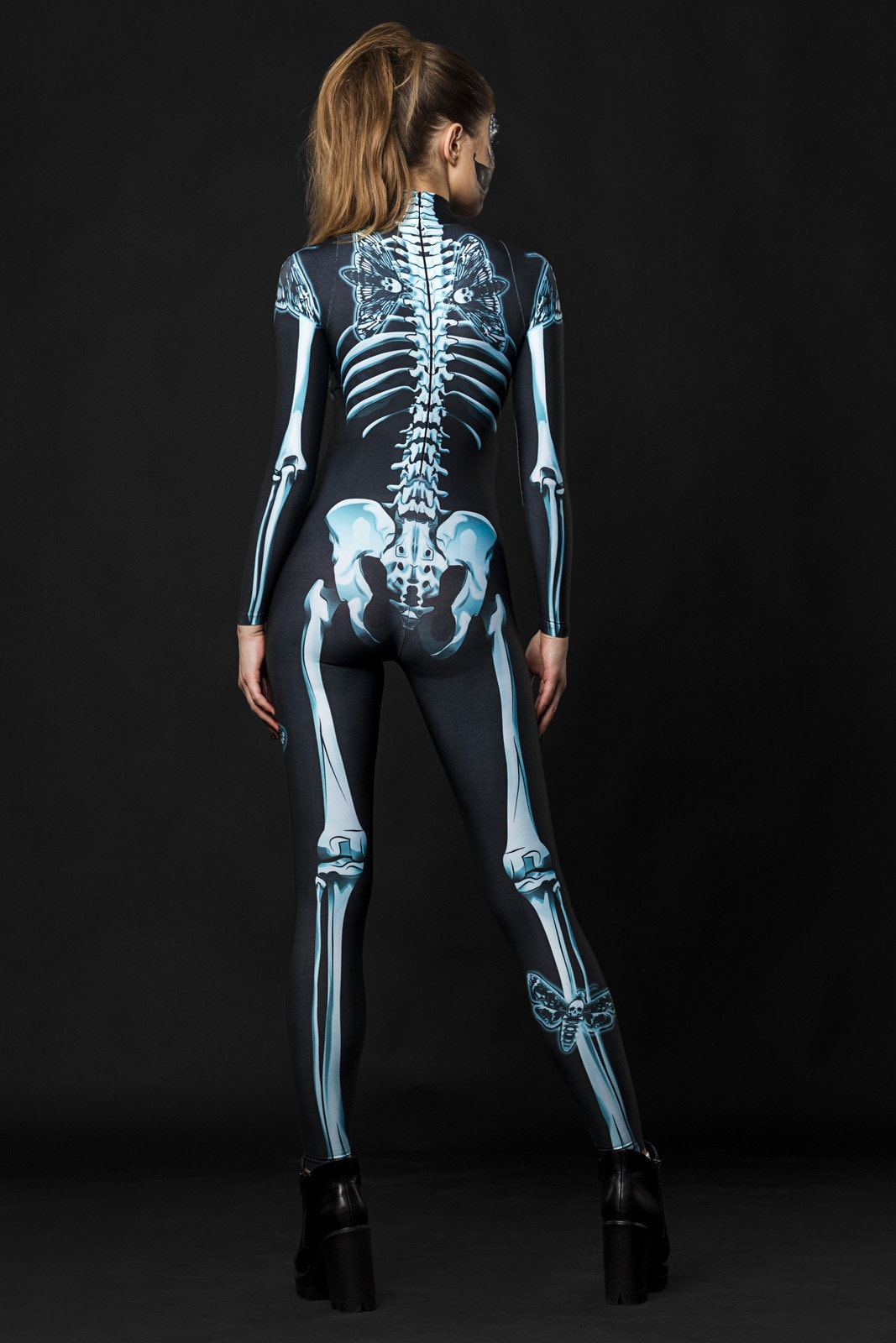 Close-up of the skeleton and moth design on the Lady Moth catsuit, ideal for a bold Halloween look or gothic fashion festival wear.