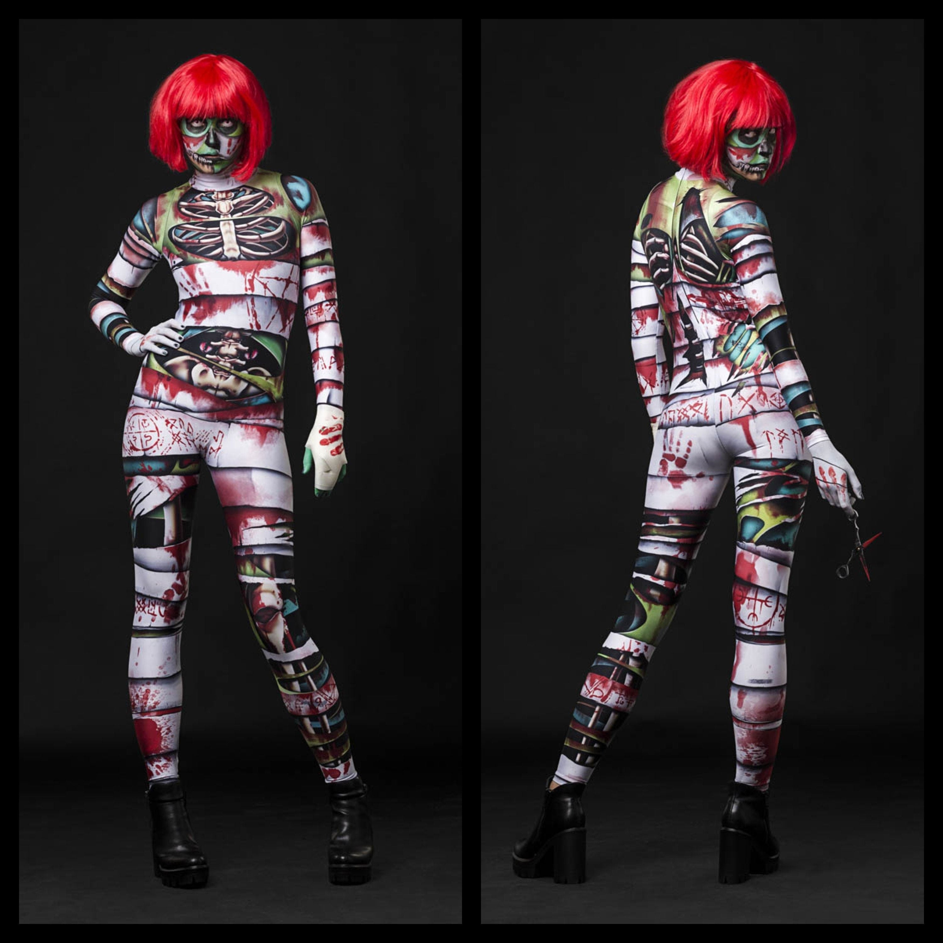 Woman wearing the Occult Mummy Halloween costume, a full-body skeleton and mummy catsuit, perfect for Halloween parties or zombie-themed cosplay.