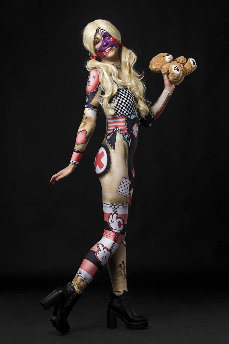 Woman posing in the Halloween Rag Doll costume, showcasing the detailed rag doll stitching and spooky design, perfect for Halloween parties or costume festivals.