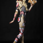 Woman posing in the Halloween Rag Doll costume, showcasing the detailed rag doll stitching and spooky design, perfect for Halloween parties or costume festivals.