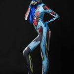 Person wearing the Zombie Skeleton costume, a full-body suit with comic-style blue skeleton and zombie details, perfect for Halloween or cosplay.