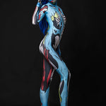 Model posing in the Zombie Skeleton Halloween costume, highlighting the blue comic-style skeleton and zombie design, great for Halloween parties or as a standout cosplay outfit.