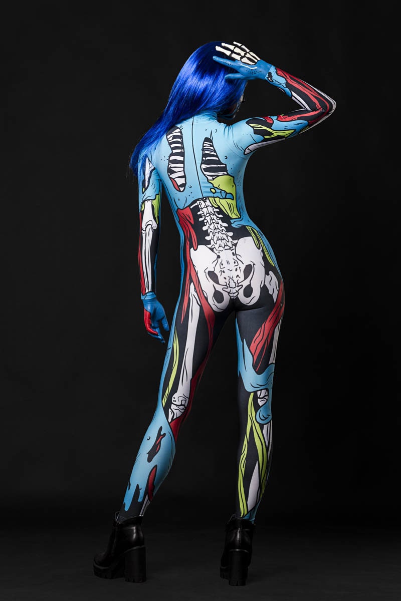 Close-up of the comic-style zombie skeleton design on the Halloween costume, ideal for a bold and unique Halloween or festival look.