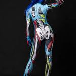 Close-up of the comic-style zombie skeleton design on the Halloween costume, ideal for a bold and unique Halloween or festival look.