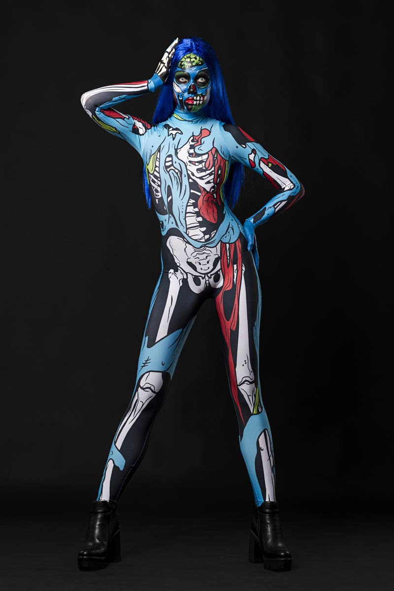 Zombie Skeleton Halloween costume for adults, featuring a blue comic-style skeleton and zombie design, perfect for Halloween parties or cosplay events.