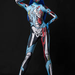 Zombie Skeleton Halloween costume for adults, featuring a blue comic-style skeleton and zombie design, perfect for Halloween parties or cosplay events.