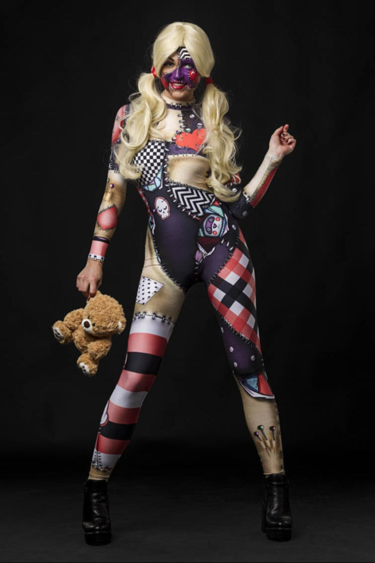 Halloween Rag Doll costume for women, full-body catsuit featuring a voodoo doll-inspired design, perfect for Halloween parties or cosplay events.