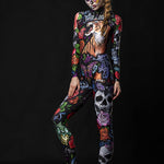 Woman posing in the Tattoo Style Halloween catsuit, showcasing the detailed tattoo-style tiger, skull, and butterfly designs, great for Halloween or as a standout festival outfit.