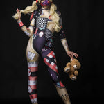 Woman posing in the Halloween Rag Doll costume, showcasing the detailed rag doll stitching and spooky design, perfect for Halloween parties or costume festivals.