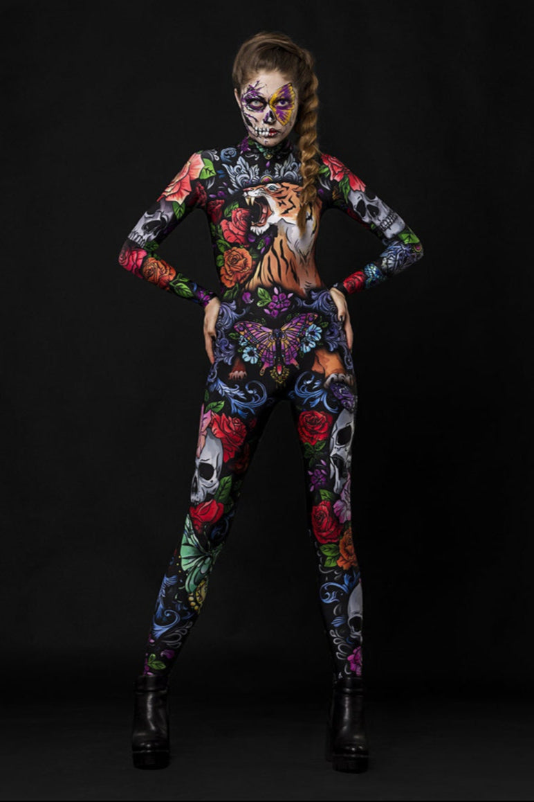 Tattoo Style Halloween costume for women, featuring a full-body catsuit with tiger, skull, and butterfly designs, perfect for Halloween parties or festival cosplay.