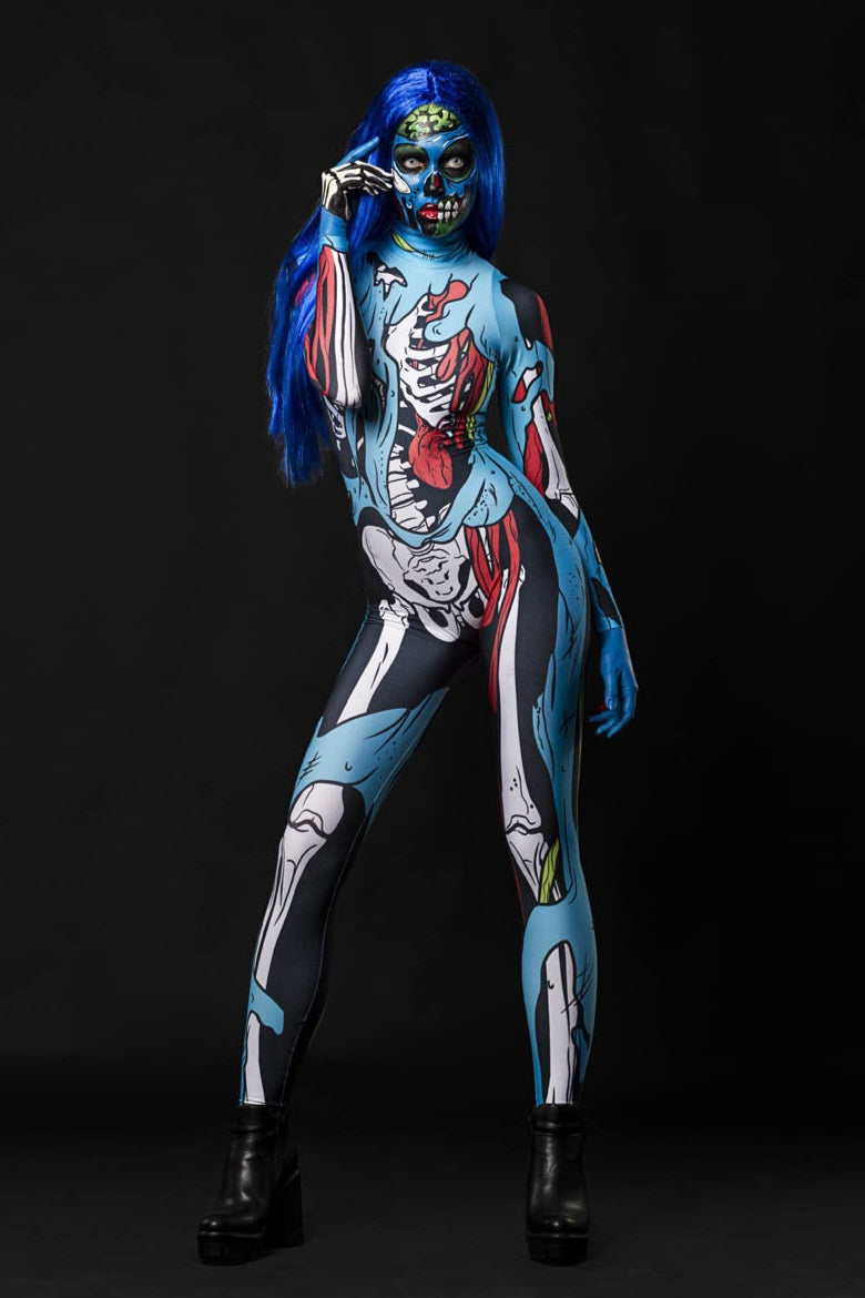 Model posing in the Zombie Skeleton Halloween costume, highlighting the blue comic-style skeleton and zombie design, great for Halloween parties or as a standout cosplay outfit.