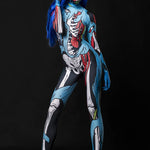 Model posing in the Zombie Skeleton Halloween costume, highlighting the blue comic-style skeleton and zombie design, great for Halloween parties or as a standout cosplay outfit.