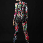 Close-up of the intricate Japanese tattoo-style design on the Yakuza Geisha Halloween catsuit, ideal for a bold and unique Halloween look.