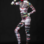 Woman wearing the Occult Mummy Halloween costume, a full-body skeleton and mummy catsuit, perfect for Halloween parties or zombie-themed cosplay.