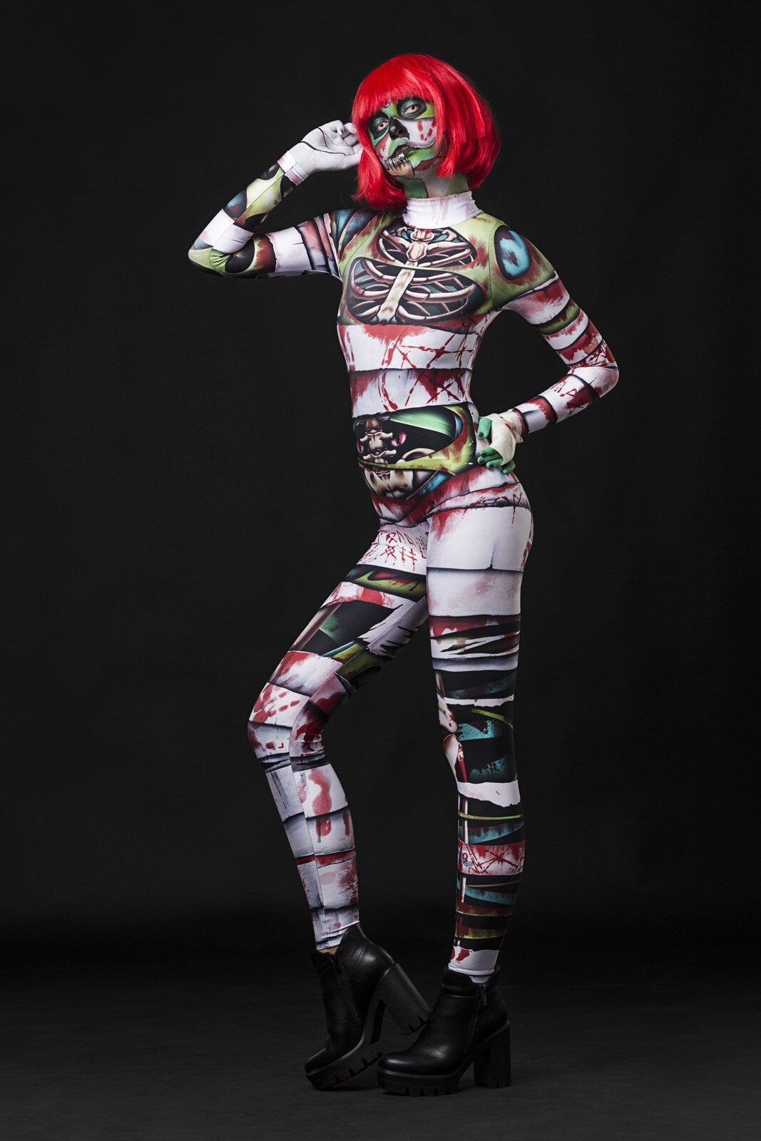 Woman wearing the Occult Mummy Halloween costume, a full-body skeleton and mummy catsuit, perfect for Halloween parties or zombie-themed cosplay.