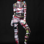 Woman posing in the Occult Mummy costume, highlighting the eerie skeleton and mummy wrap design, great for Halloween or as a standout horror festival outfit.