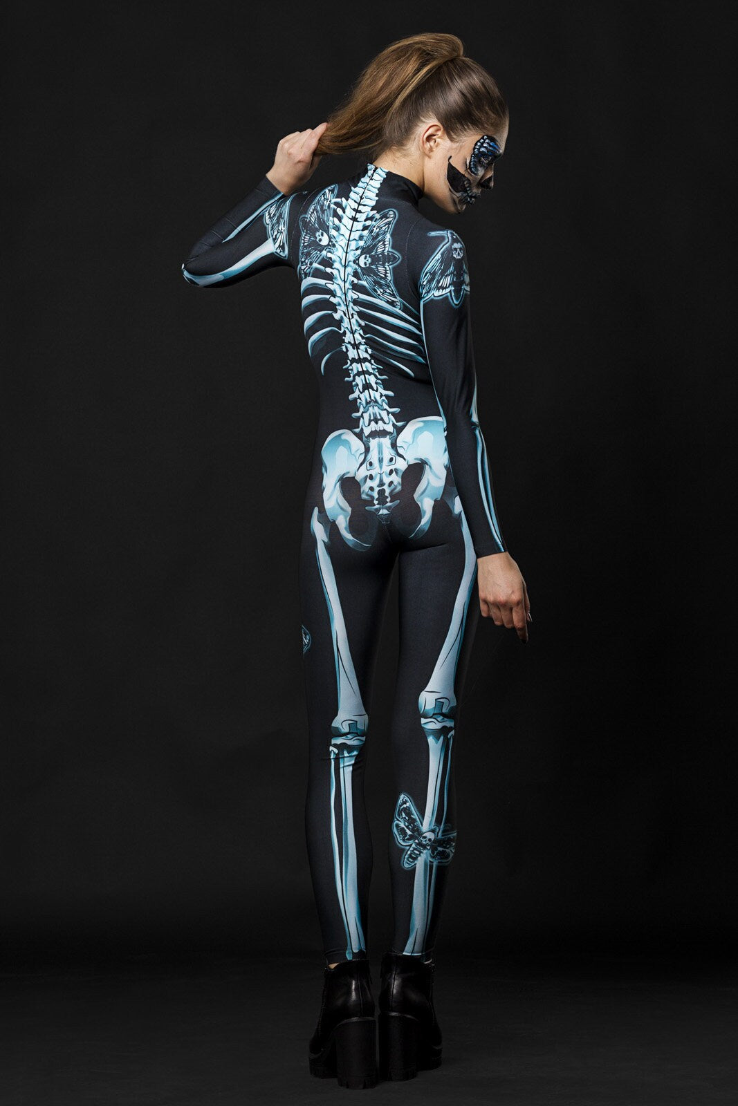 Close-up of the skeleton and moth design on the Lady Moth catsuit, ideal for a bold Halloween look or gothic fashion festival wear.