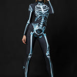 Lady Moth Halloween costume for women, featuring a full-body skeleton catsuit with gothic moth details, perfect for Halloween or gothic-themed events.