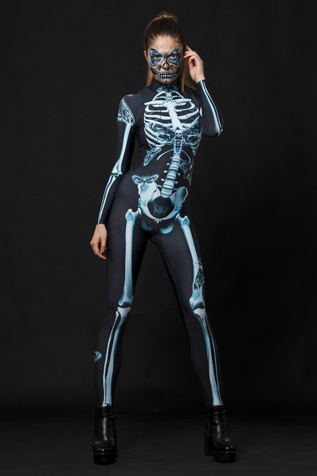 Lady Moth Halloween costume for women, featuring a full-body skeleton catsuit with gothic moth details, perfect for Halloween or gothic-themed events.