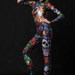 Woman posing in the Tattoo Style Halloween catsuit, showcasing the detailed tattoo-style tiger, skull, and butterfly designs, great for Halloween or as a standout festival outfit.