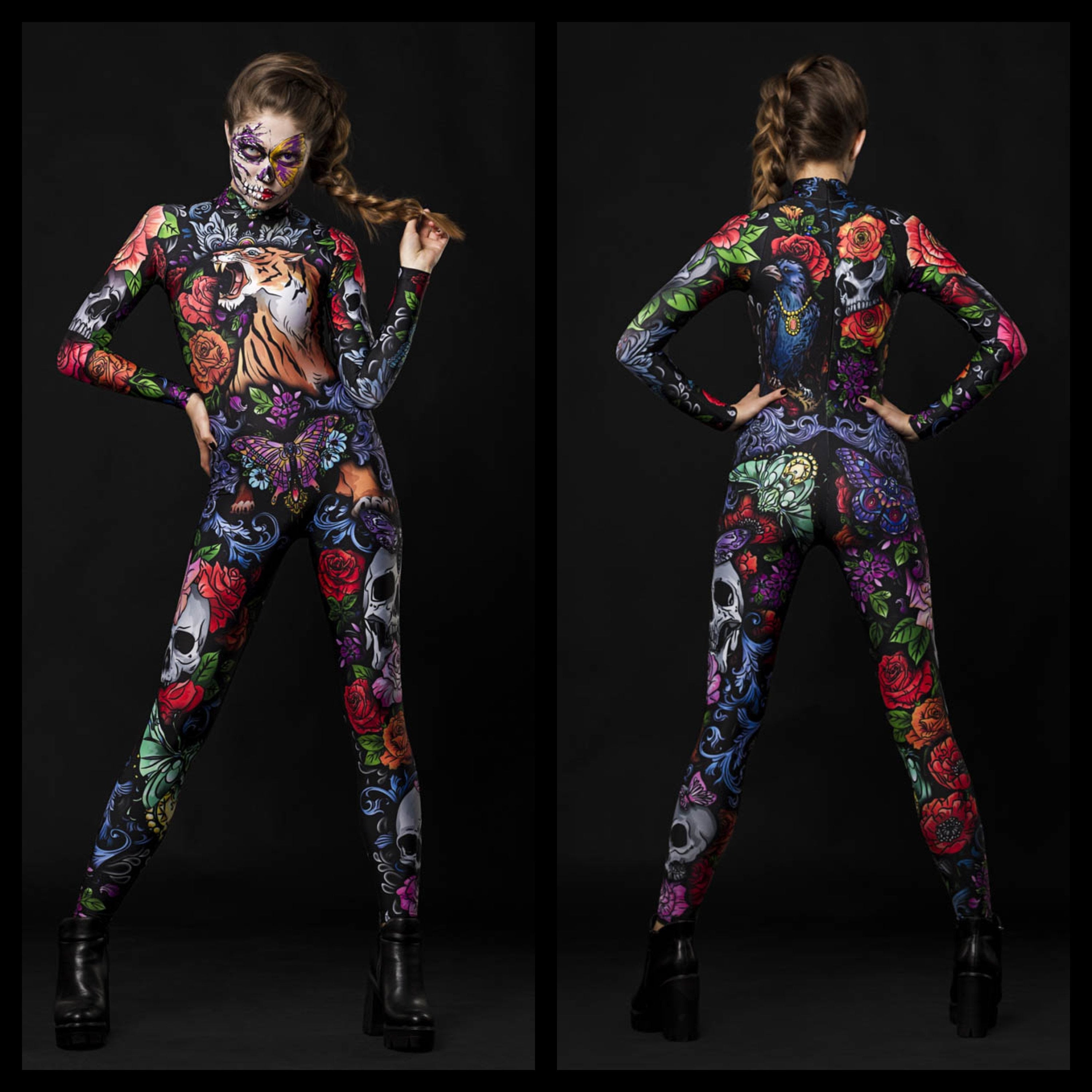 Woman wearing the Tattoo Style Halloween costume, a full-body catsuit with tattoo-inspired designs, including tiger, skull, and butterfly motifs, perfect for Halloween or cosplay events.