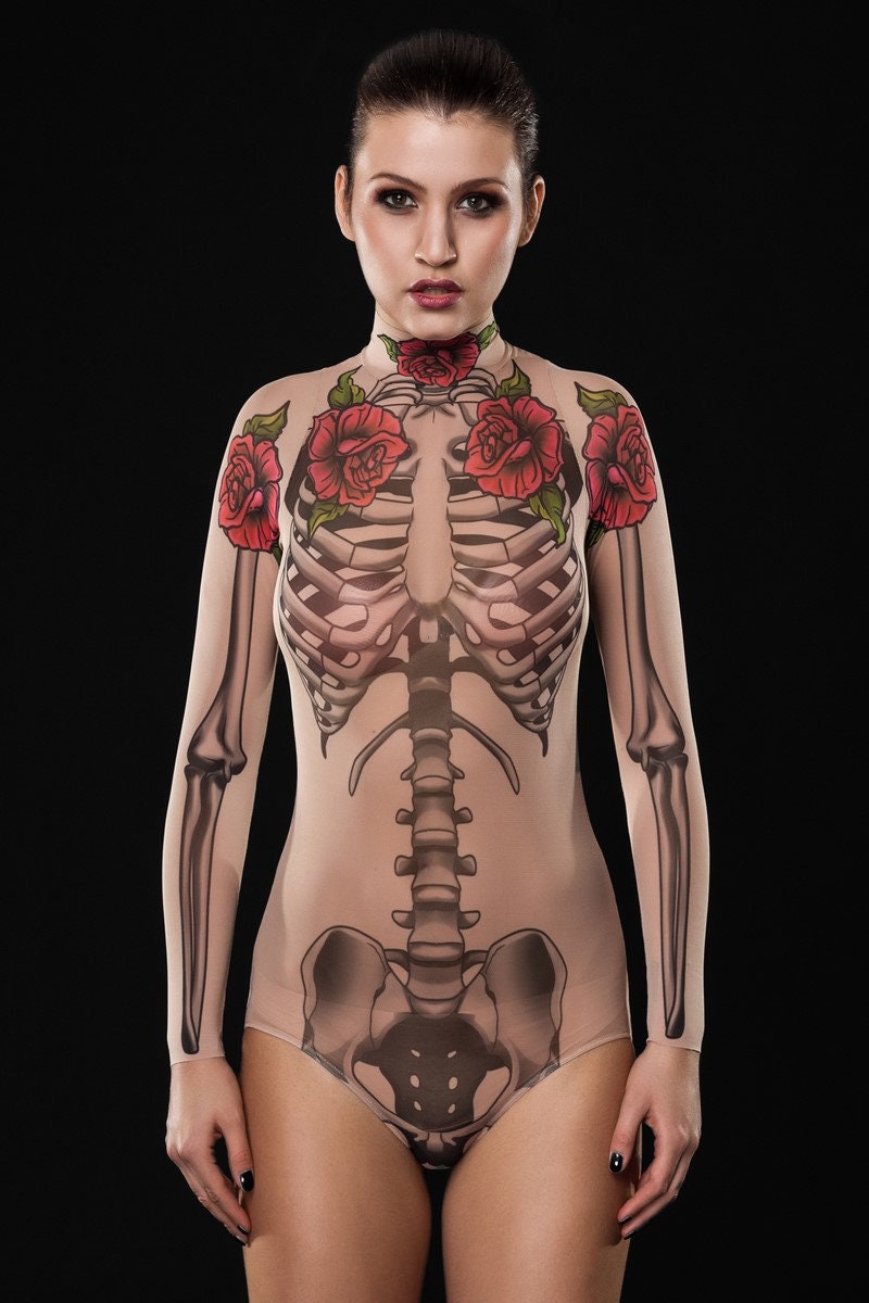 Tattoo Skeleton Bodysuit Halloween costume for women, featuring a mesh full-body suit with a skeleton and fake tattoo design, perfect for Halloween or Day of the Dead celebrations.