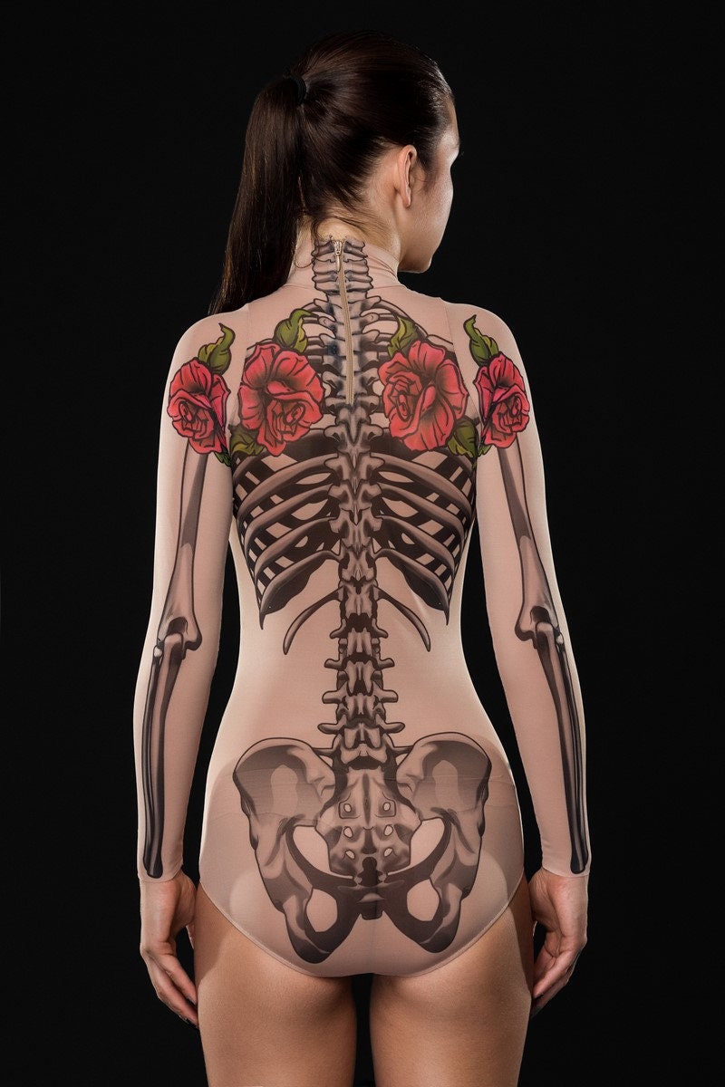 Close-up of the intricate skeleton and tattoo design on the mesh bodysuit, ideal for a bold Halloween or festival look.