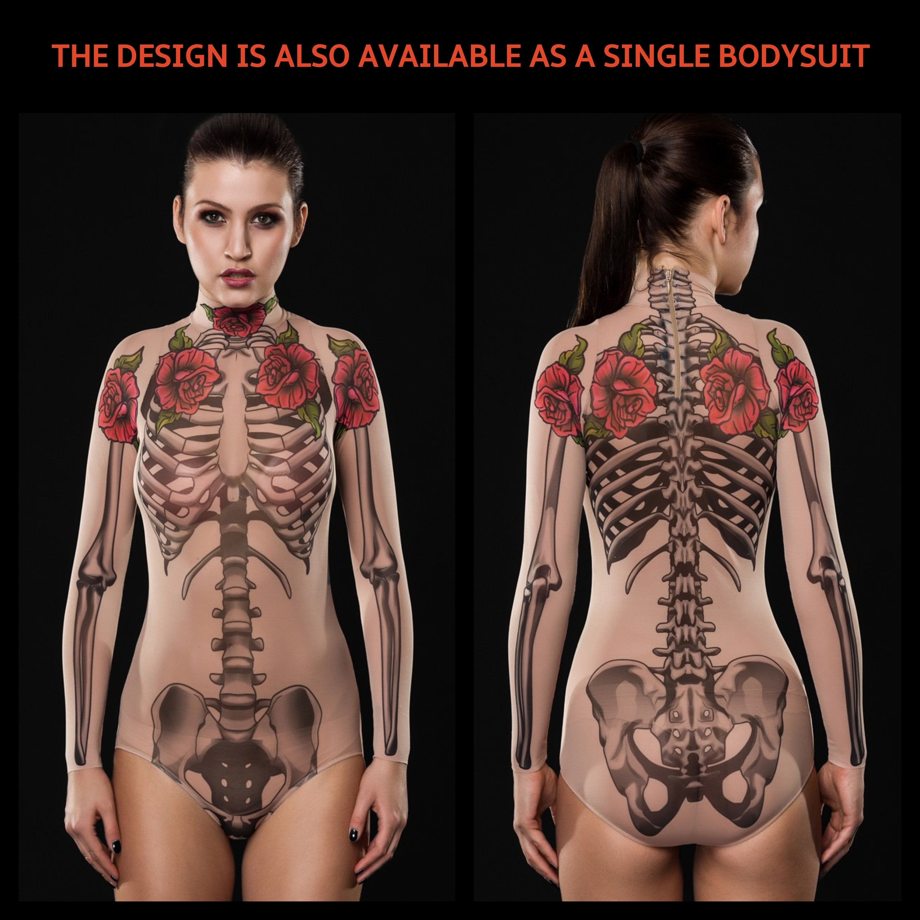 Woman posing in the Tattoo Skeleton bodysuit and leggings Halloween set, highlighting the intricate tattoo skeleton design on mesh, great for Halloween or as a unique festival outfit.