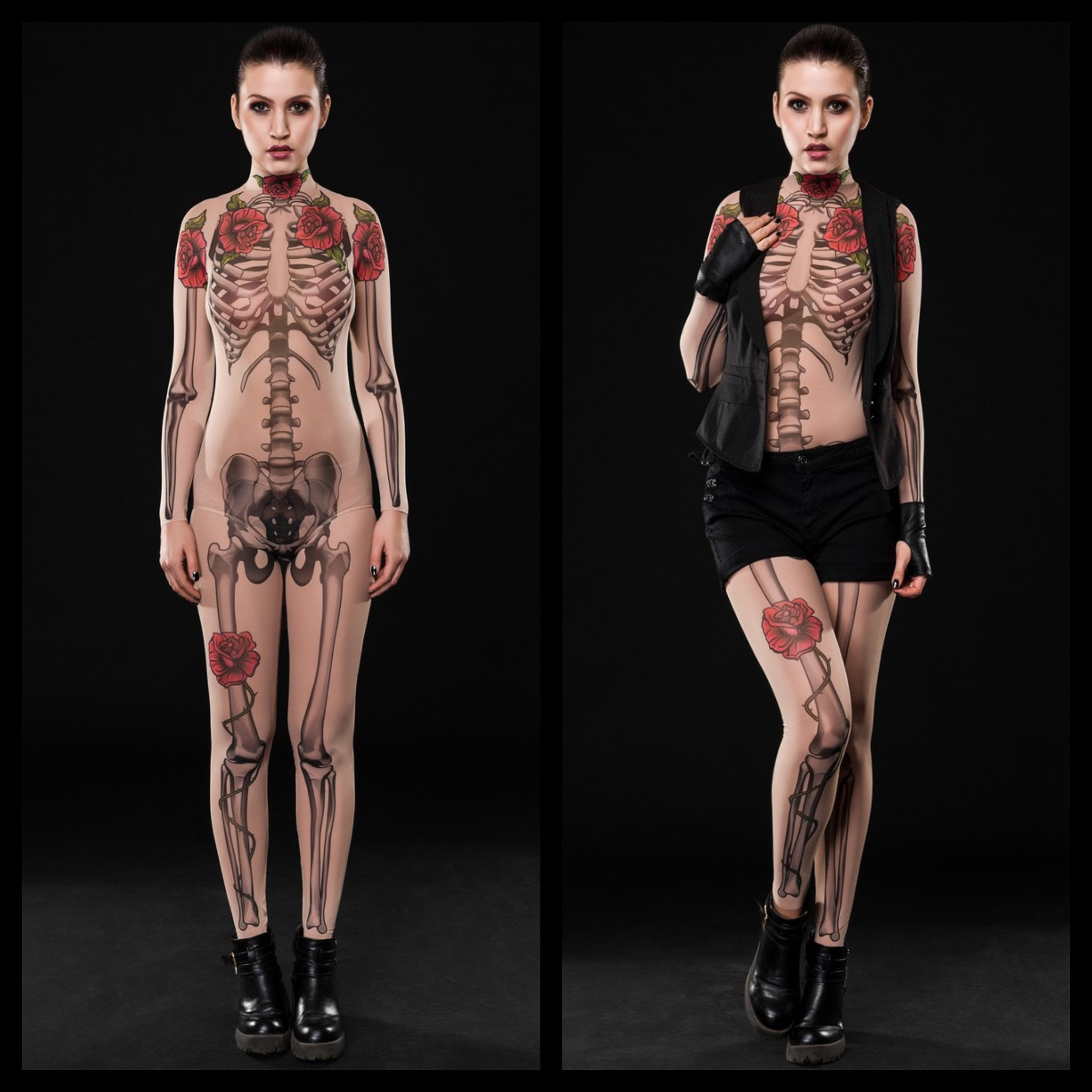 Woman wearing the Tattoo Skeleton bodysuit and leggings set, featuring a detailed tattoo-inspired skeleton design, perfect for Halloween parties or gothic festivals.