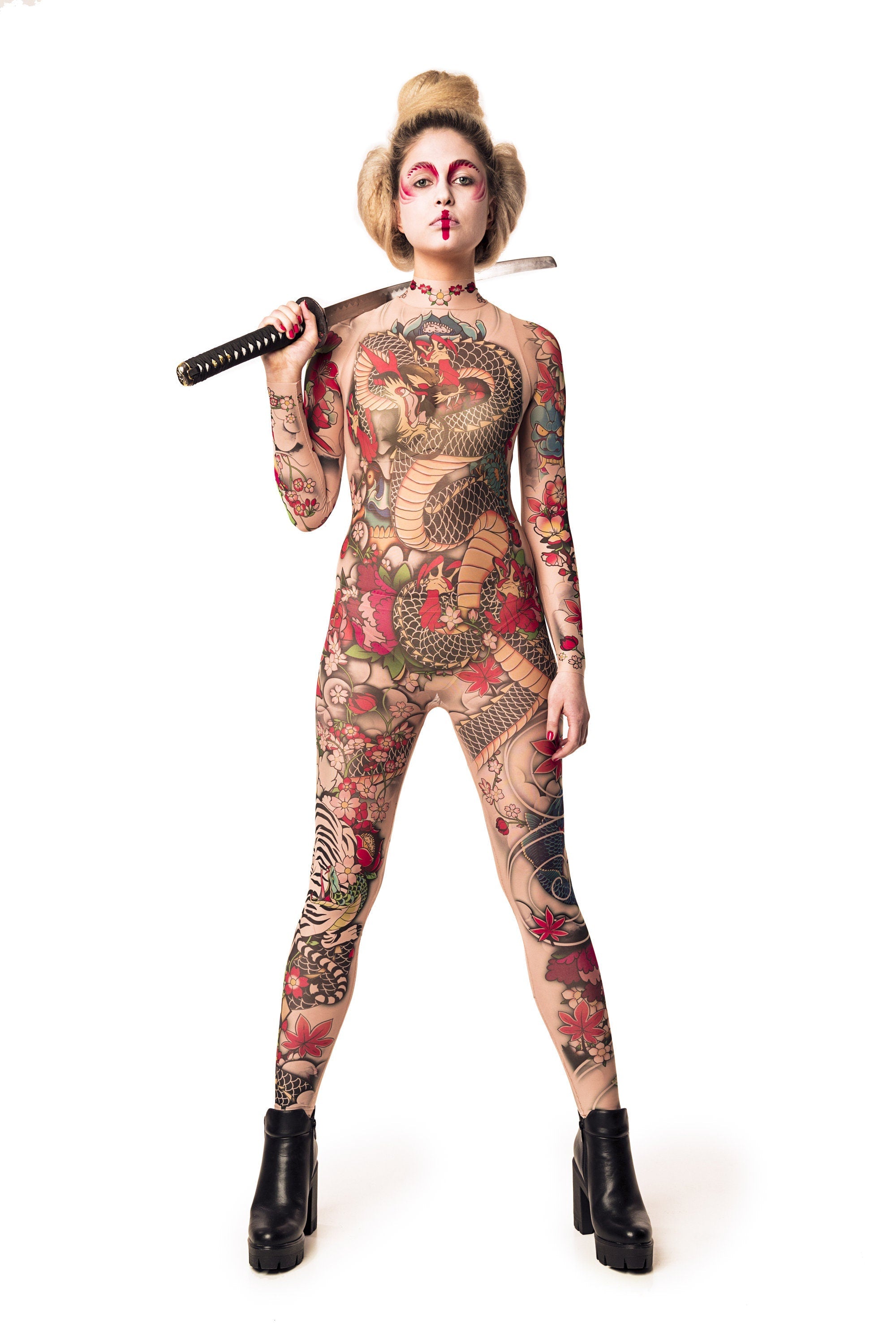 Yakuza Style Tattoo Halloween costume, full-body mesh catsuit with Japanese tattoo-inspired design, perfect for Halloween or festival events, shown with a held sword.